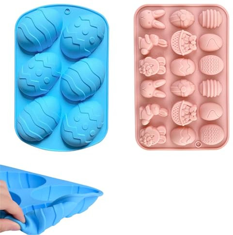 QQDBT Easter Egg Moulds 2PCS, Silicone Bunny & Egg Shapes, 18 Individual Cavities for Chocolate, Jelly, Candy