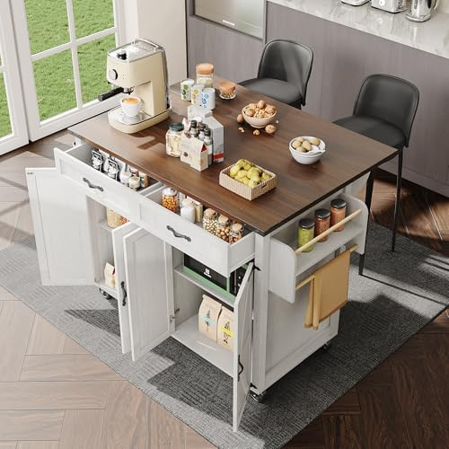 KUAKE Isola da Cucina con Piano di Lavoro Estraibile - Mobile con Quattro Ante e Due Cassetti, Carrello da Pranzo con Venature