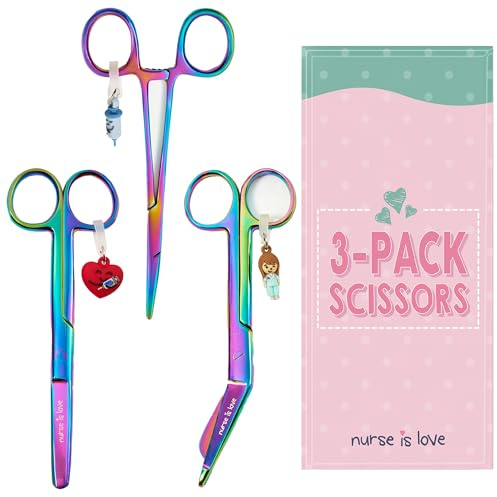 Nurse is Love 3uds Set Tijeras Enfermeria Pico de Pato + Rectas Mayo + Herramienta de Sujecion | Ideal para una Enfermera, TCAE | Color Cromium