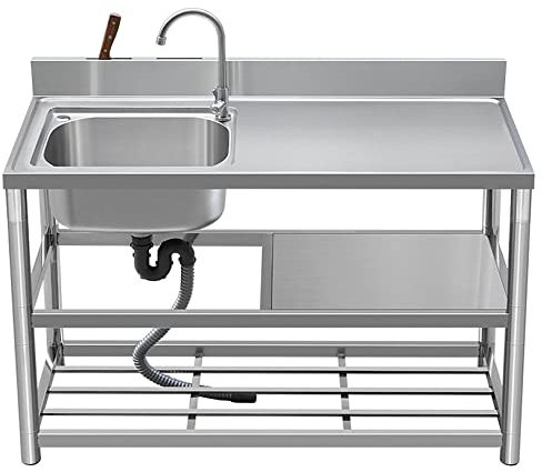GKJHTED Kitchen Single Sink with Workbench, Stainless Steel Vegetable Sink with Stand, Floor-Standing Household Sink, 2-Layer Shelf