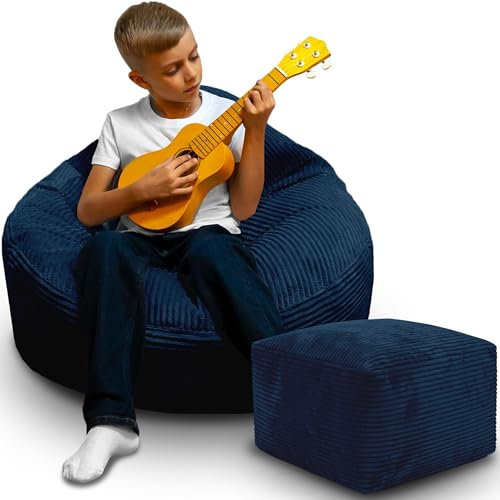 DreamRoots Sitzsack Erwachsene Cord oder Kinder - Bean Bag Sofa - Sitzsack Cord mit Hocker und Bezug - Sitzsäcke mit Füllung 70x70x70 cm Blueberry Pie
