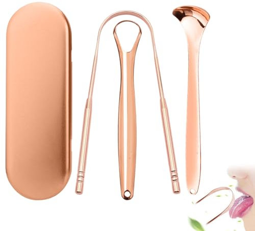 EIH1 3 Pezzi Raschietto per Lingua Puliscilingua per Adulti in Acciaio Inossidabile a con Custodia in Metallo Dorato(1 * U e 2 * dritto)
