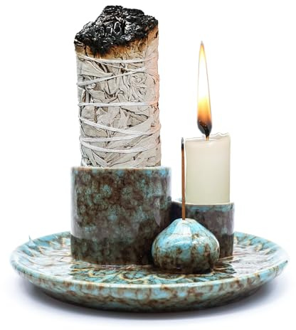 4 in 1 Multifunctional Incense Burner Holder Tray for Burning Sage, Palo Santo Sticks, Incense Sticks, Candle, Insense Cones (Blue)