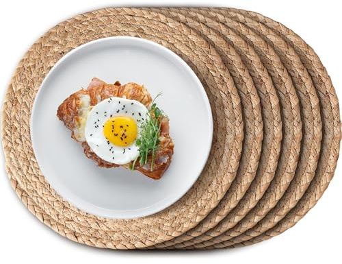 Aofmee 12 inch Round Woven Placemats Set of 6, Boho Rattan Place Mats, Natural Water Hyacinth Table Placemats, Farmhouse Weave Table Mats, Rustic Braided Wicker Charger Plates for Dining Table Decor