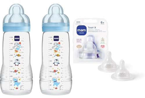 MAM Easy Active Baby Bottle with Fast Flow MAM Teats Size 3, 330 ml, Blue, Suitable for 6+ Months, Pack of 2