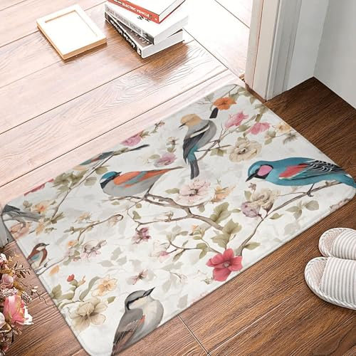 PLAGDECNA Paillasson antidérapant pour intérieur et extérieur - 40 x 60 cm - Pin japonais et oiseaux - Super absorbant - Lavable en machine - En flanelle épaisse - Pour salle de bain, cuisine,