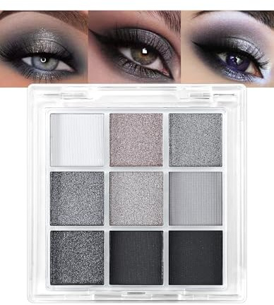 Erinde Paleta de sombras de ojos de color negro y plata, 9 colores mate y con purpurina, paleta de sombras de ojos con purpurina metálica, resistente al agua, #10