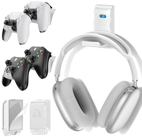 Gaming Accessories Controller & Headphone Stand, Wall Mount Holder for 4 Remotes & Foldable Headset Stand, Universal Wall-friendly Game Controller Holder Hanger Hook for Xbox, PS5/4, Nintendo, White
