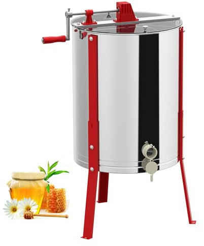 UISEBRT Extracteur de miel manuel en acier inoxydable 4 cadres | Extracteur de miel centrifuge tangentielle avec couvercle et support réglable 101-111cm | Presse à miel manuelle pour apiculteur | Ø
