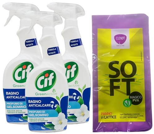 SET: 3x Spray BAGNO ANTICALCARE, Profumo Di Gelsomino, Rimuove Anche i Residui Di Sapone 650ml + Panno In Lattice SOFT - Formato 30x30