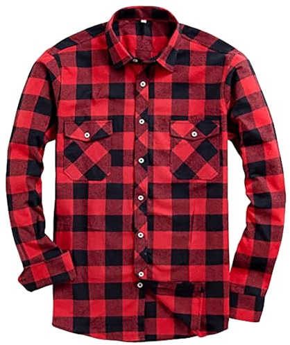 Camicia da uomo a maniche lunghe, in flanella, classica, a quadri, casual, con bottoni, a maniche lunghe, per l'uso quotidiano, comoda e morbida, Rosso, 6XL