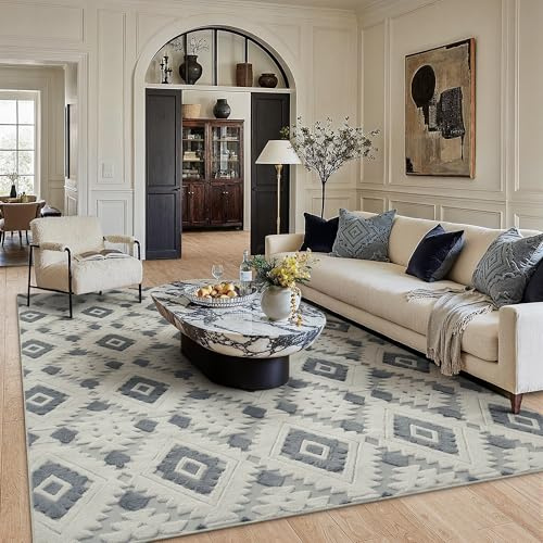 PureCozy Alfombra Salon 200x300cm Azul Gris Habitacion Grande Alfombras Lavable Lavadora Antideslizante 3D Carpet Tapetes para Sala Dormitorio Comedor Modernas Pelo Corto Rombos Geométrica Carpets