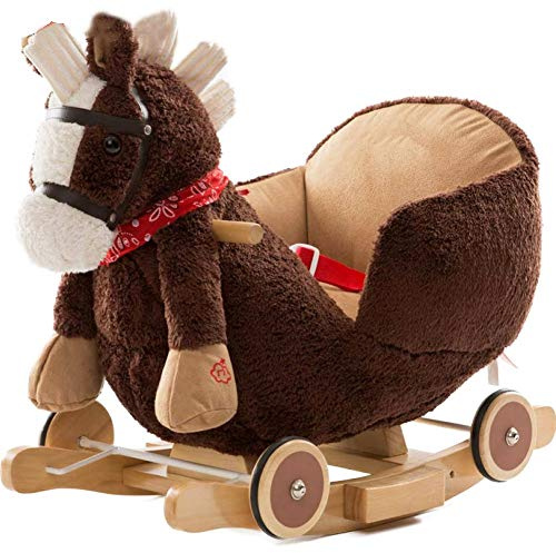Bakaji Cavallo a dondolo in legno struttura basculante con ruote Cavallino Poni 2 in 1 con Poltroncina e divertente suoneria per i più piccoli (Dark Brown)