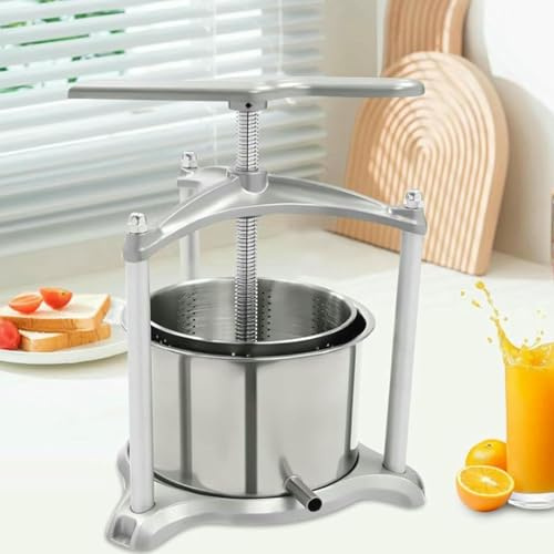 Fruktvinpress, 100% naturlig juicemaskin för äpplen, morot, apelsin, bär och grönsaker, manuell juicemaskin för osttillverkning, tinkturer, med triangulärt handtag och fat i rostfritt stål