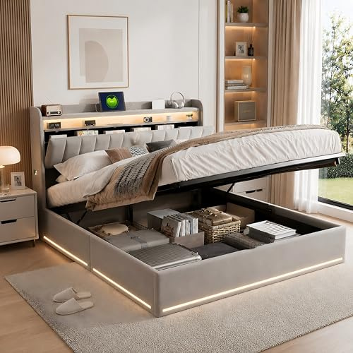 BSCFHCZ Cama tapizada de 140 x 200 cm con Espacio de Almacenamiento, Cama Doble de 140 x 200 cm con LED y USB, Espacio de Almacenamiento hidráulico y Marco de Metal, Cama Juvenil, Tela de Lino Gris