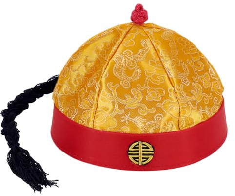 HOBBIESAY 2Pcs Chinese Ancient Royal Emperor Hat Adult Chinese Royal Hat Chinese Qing Dynasty Emperor Hats Vintage Royal Cosplay Hat with Braid Ponytail Traditional Oriental Costume Wear for Party
