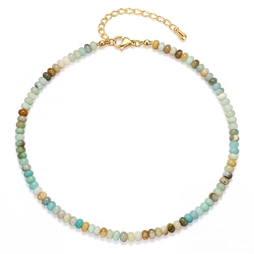 Morfetto Beaded Necklace for Women Colorful Gemstone Necklace Non Tarnish Boho Beaded Necklaces Choker Necklaces Summer Beach Jewellery for Women Holiday Birthday Present Adjustable -Amazonite