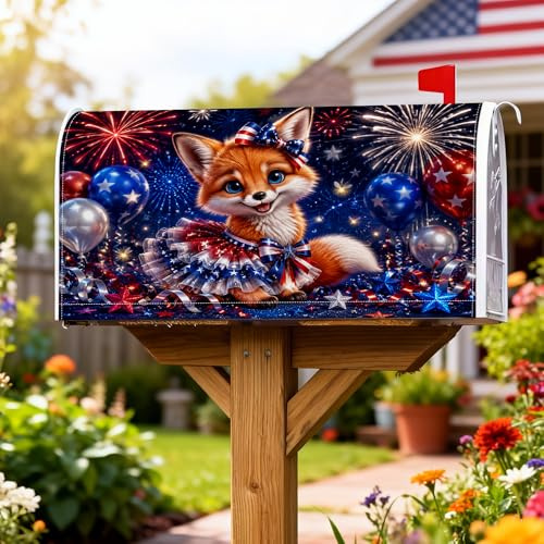 Fox Coperture magnetiche per cassette postali, con palline gonfiabili e stelle, per il giorno dell'indipendenza, decorazione per esterni, giardino, cortile, 53 x 64 cm