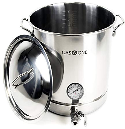GasOne 10 Gallon Stainless Steel Home Brew Kettle Pot Pre Drilled 4 PC Set 40 Quart Tri Ply Bottom for Beer Brewing Includes Stainless Steel Lid, Thermometer, Ball Valve Spigot - Home Brewing Supplies