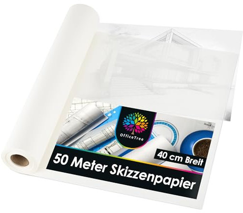 OfficeTree 50m Transparentpapier Rolle Weiß - Skizzenrolle 40cm breit 50g - Schnittmusterpapier Rolle - Pergamentpapier Rolle - Pauspapier für Schnittmuster - Architektenpapier Rolle - Pattern Paper