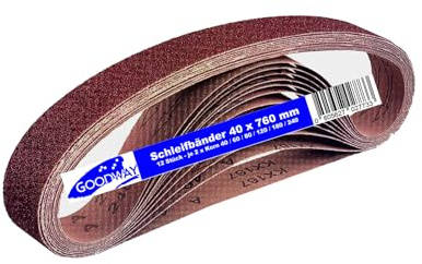 Vävnadsslipband │ 12 stycken │ 40 x 760 mm │ 2 x korn 40/60/80/120/180/240 │ kompatibel med bandfilar │ slippapper │ slipband blandningspaket