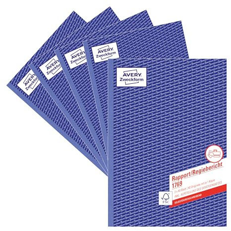 AVERY Zweckform 1769-5 Rapport/Regiebericht (A4, selbstdurchschreibend, von Rechtsexperten geprüft, für Deutschland und Österreich zur Dokumentation der Arbeitsleistung, 2x40 Blatt) 5er Pack weiß/gelb