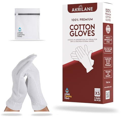 XS Extra Small 5 Pairs 100% Premium Cotton Gloves for Dry Hands | Moisturizing Overnight Gloves for Eczema, Psoriasis & Skin Spa Treatment for Women & Men | Washable & Reusable with Free Laundry Bag