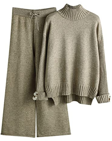 QWUVEDS Damen Strickset Herbst und Winter Strickanzug Stehkragen Pullover Lange Hosen Lose Zweiteiler Sportshirt Damen (Khaki, One Size)