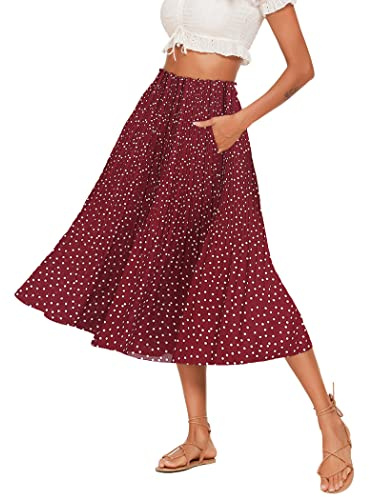 Parabler Chiffongkjol för kvinnor, bohemisk stil, retro, plisserad kjol, sommarkjol, med fickor, Röd röd, L