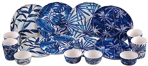 Melamine Plastic Dining Set - Plate Cups Bowl - Blue Tropical Leaf - 16 Piece