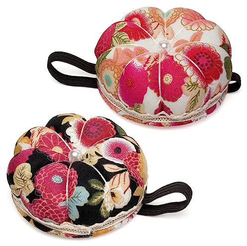 Faden & Nadel 2 x Kürbis Nadelkissen, schwarz u. weiß, mit elastischem Gummi für das Handgelenk, Ø 5,5 cm