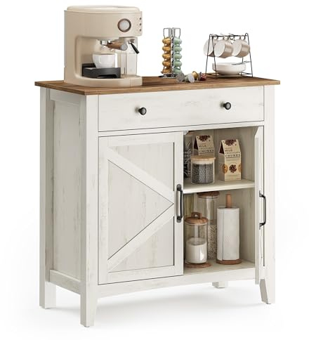 VASAGLE LIRY Collection - Buffet Cabinet, Coffee Bar Cabinet with a Drawer, Adjustable Shelf, Sideboard Storage with Cable Hole, Drawer Divider, Rustic White and Honey Brown UBBK341W01