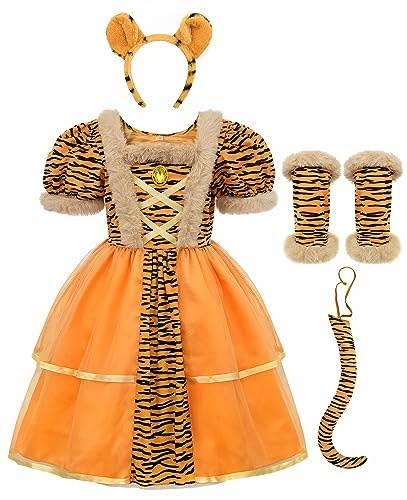 ReliBeauty Costume Tigre Bambina Vestito Tigre Ragazza con Accessori Carnevale Halloween, 5-6 anni(110 cm)