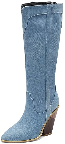 CUTEHEELS Botas altas para mujer, con cuña y punta puntiaguda, azul, 37 EU