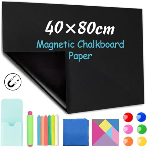CHMMY Magnetic Chalkboard Contact Paper 40 x 80cm Self Adhesive Blackboard Chalk Board Roll with Chalks/Magnets/Tangram for Kids Home School Office, Board Wallpaper Chalkboard Wall Sticker Removable