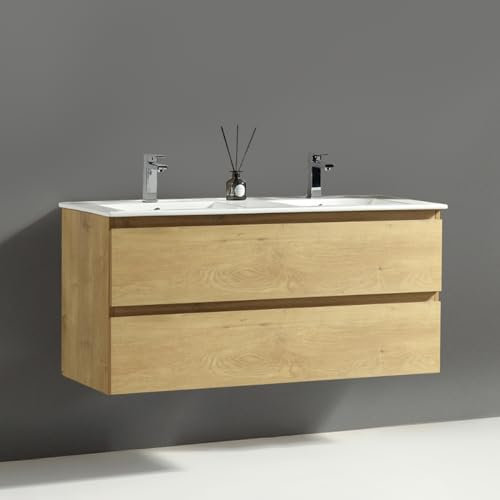 Alpenberger Meuble de salle de bain avec meuble bas de 120 cm de large - Meuble de salle de bain double lavabo avec lavabo - Double vasque (Vivento 120 chêne naturel)