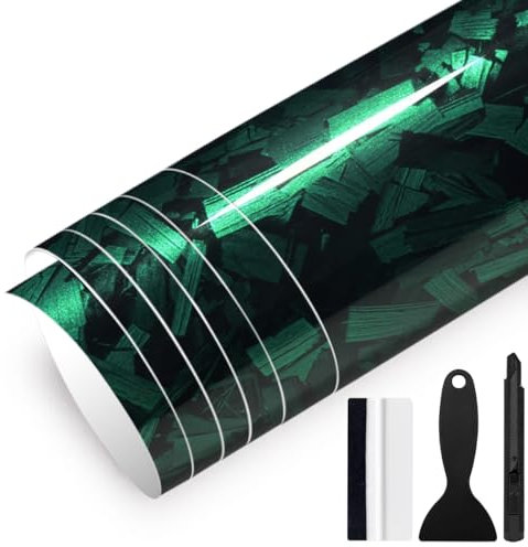 GRTHTATI 150cm x 30cm Forged Carbon Autofolie Selbstklebend Auto Folie Blasenfrei mit Luftkanälen Carbonfolie für Auto & Motorrad (Grün Glanz, 30cm x 150cm)