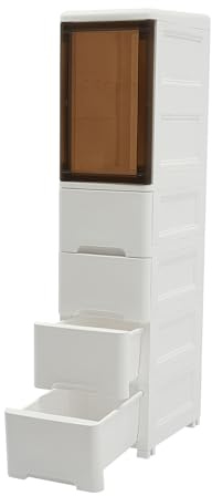 SuhoFutus Scaffale per nicchia con ruote, a 5 livelli, armadietto da bagno con 4 cassetti, ripiano sottile in plastica PP, larghezza 25 cm, salvaspazio, 25 x 38 x 107 cm