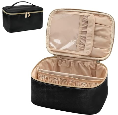 HENGBIRD Trousse de maquillage pour femme - Grande trousse de maquillage portable avec séparateur et poignée - Noir