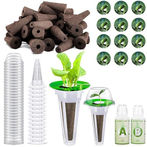 NAVESO Éponges de Culture avec Engrais pour Plantes pour Système de Culture Hydroponique, 50 Pièces Kit de Culture Hydroponique avec 12 Éponges de Culture, Plantes Solides à Nutriments A&B