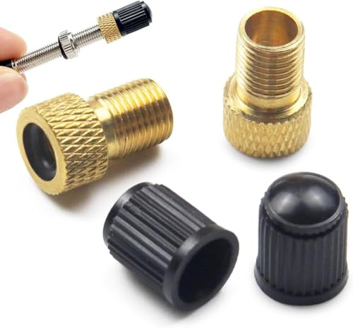 4er Set Fahrrad-Ventil Adapter, Messing-Adapter für Presta-Ventile; 2 Presta-Schrader-Adapter + 2 Ventil-Kappen für Reifen und Pumpen