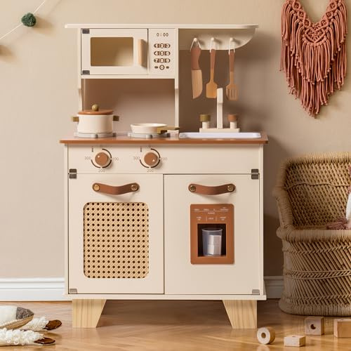ROBOTIME Wooden Play Kitchen for Kids, Realistic Toy Kitchen with Pretend Ice Dispenser and Rattan Mesh Element, Prentend Play Cooking Playset for Toddler, Gift for Boys Girls Aged 3+ (Cream)