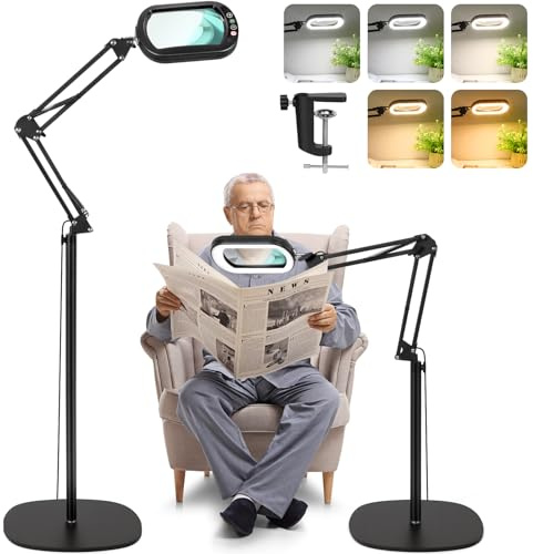 Lente d'ingrandimento 10X con luce e supporto, lampada da terra con lente d'ingrandimento 3 in 1, 5 modalità di colore, lampada con lente d'ingrandimento dimmerabile per pittura e cucito.