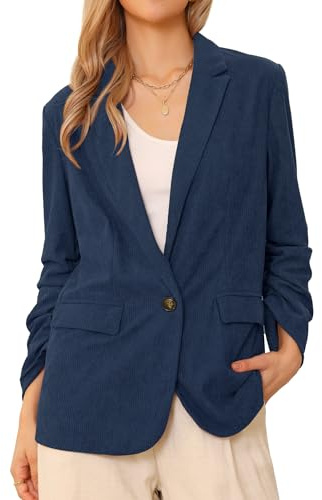 Allegra K Blazers en Velours Côtelé Femmes Élégants et Décontractés Veste à Manches Longues avec Un Bouton à Col Revers pour Travail et Bureau Bleu Marin S
