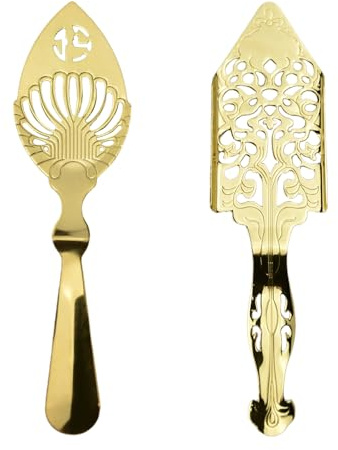 Juego de cucharas de absenta de acero inoxidable, gotero de estilo vintage con filtro de malla de cubitos de hielo y colador para cócteles, té y café, 2 piezas