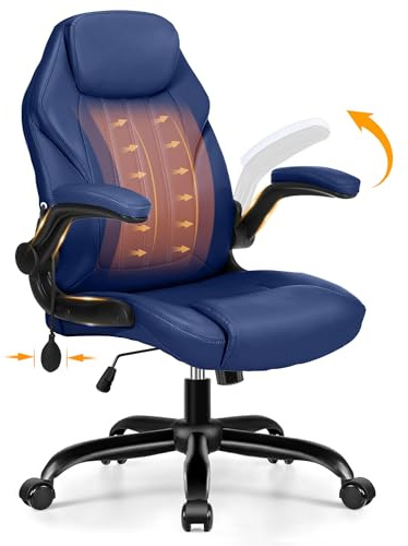 Office Desk Chair, Ergonomic Computer Chair with Padded Flip-Up Arms and Adjustable Lumbar Support, PU Leather Executive Chair with Tilt Lock and 360° Swivel Rolling Wheels for Work, Study