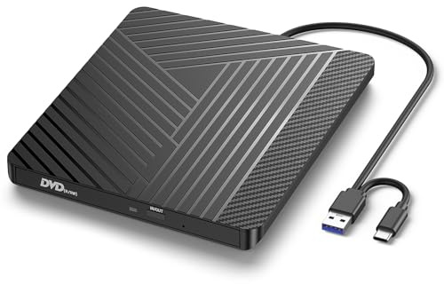 Quirlig Lector CD DVD Externo, USB 3.0 y Type-C Grabadora CD DVD Unidad Externa, Ultradelgado Disquetera Externa CD DVD +/-RW Drive para PC Laptop Desktop MacBook Mac OS Win11/10/8/7/XP Linux Vista