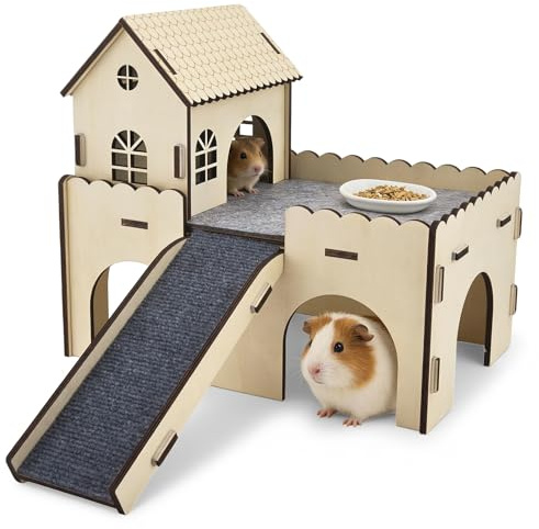 Neulriscn Wooden Guinea Pig House, Guinea Pig Hideout with Ramp, Small Animal Castle Cage with Detachable Stair & Cushion for Hamster, Hedgehog, Rat, 5 Entrances, Hiding and Playing, Double Layer