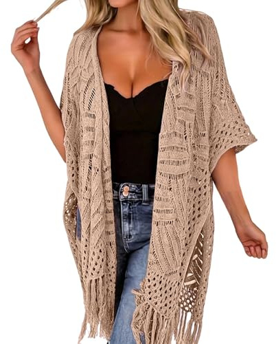 Paréo de Plage Femme Kimono Plage Gilet Long Frange Maillot Bain Bikini Couvrant Tricot Ajouré Vêtement Ouvert Soleil Piscine Mer Fil Doux Profil Droit Mode Loisir Plein Air Confort