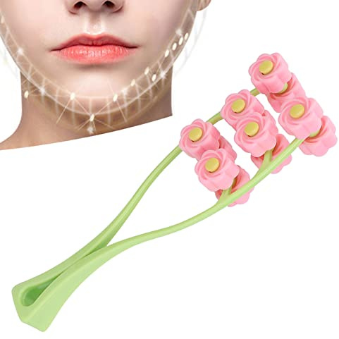 Rouleau Facial Anti-âge et Anti-rides Rouleaux Multiples Particules Convexes Concaves Prise Confortable Masseur de Visage en Forme de V pour Raffermissement de la Peau, Retrait du Double Menton(rose)